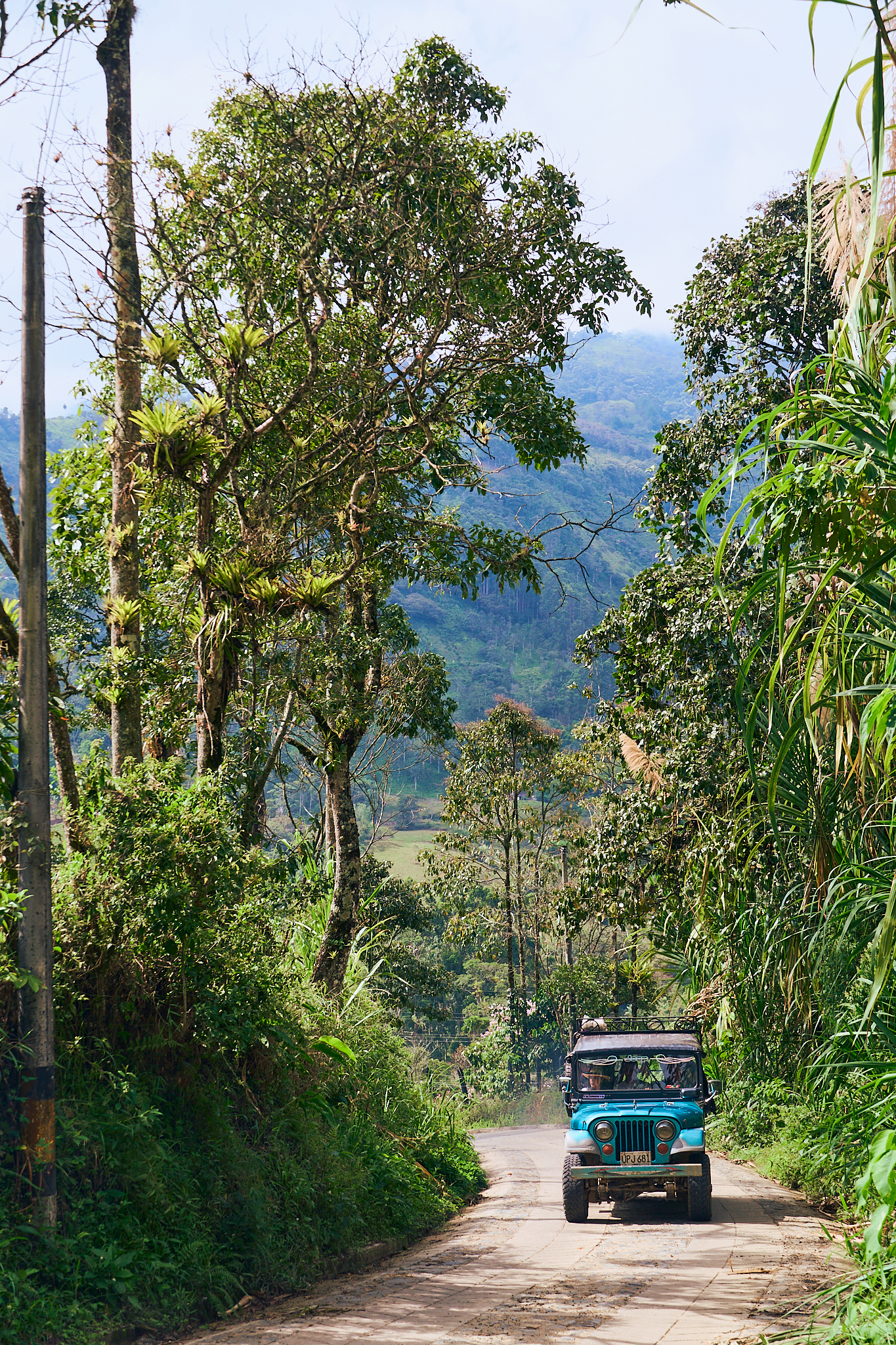 Jeep driving down a jungle road in Colombia
